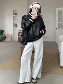 DAZY Women's Spring/Autumn Long Sleeve Striped PU Leather Loose Casual Baseball Jacket,Fall Women Clothes - Black - View 5
