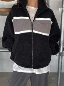 DAZY Chaqueta gruesa de mujer con forro polar, bordado de letras y contraste de colores, ropa de otoño