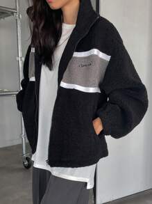 DAZY Chaqueta gruesa de mujer con forro polar, bordado de letras y contraste de colores, ropa de otoño