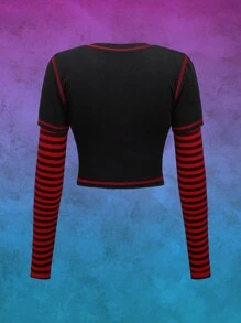 Harley Quinn | ROMWE 对比针脚字母印花条纹袖修身短款二合一 T 恤 - 黑色 - 查看 2