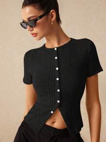 Poéselle 秋季修身不对称罗纹短袖女式 T 恤，带开衩下摆设计，短袖衬衫，圆领，紧身短袖衬衫，T 恤，秋季女式上衣，万圣节衬衫，外出服装