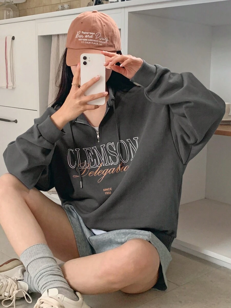 DAZY Women's Mock Neck Half-Zip Letter Print Sweatshirt,Fall Clothes Hoodie - Grey - View 1