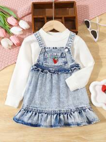 Baby Girl's Buttoned Denim Dress With Wide Straps, Strawberry Pattern, Ruffled Sleeveless Design, Casual, Comfortable - Light Wash - View 1