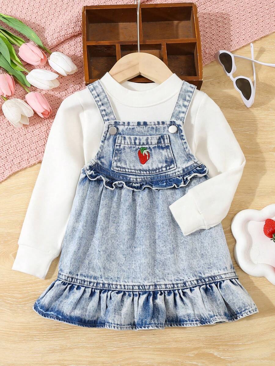 Baby Girl's Buttoned Denim Dress With Wide Straps, Strawberry Pattern, Ruffled Sleeveless Design, Casual, Comfortable - Light Wash - View 1