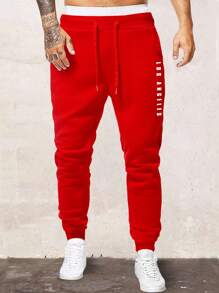 Manfinity Roughcore 男式字母图案抽绳腰运动裤，男式红色慢跑裤，男式红色运动裤，男式慢跑裤，男式运动裤 - 紅色 - 查看 1