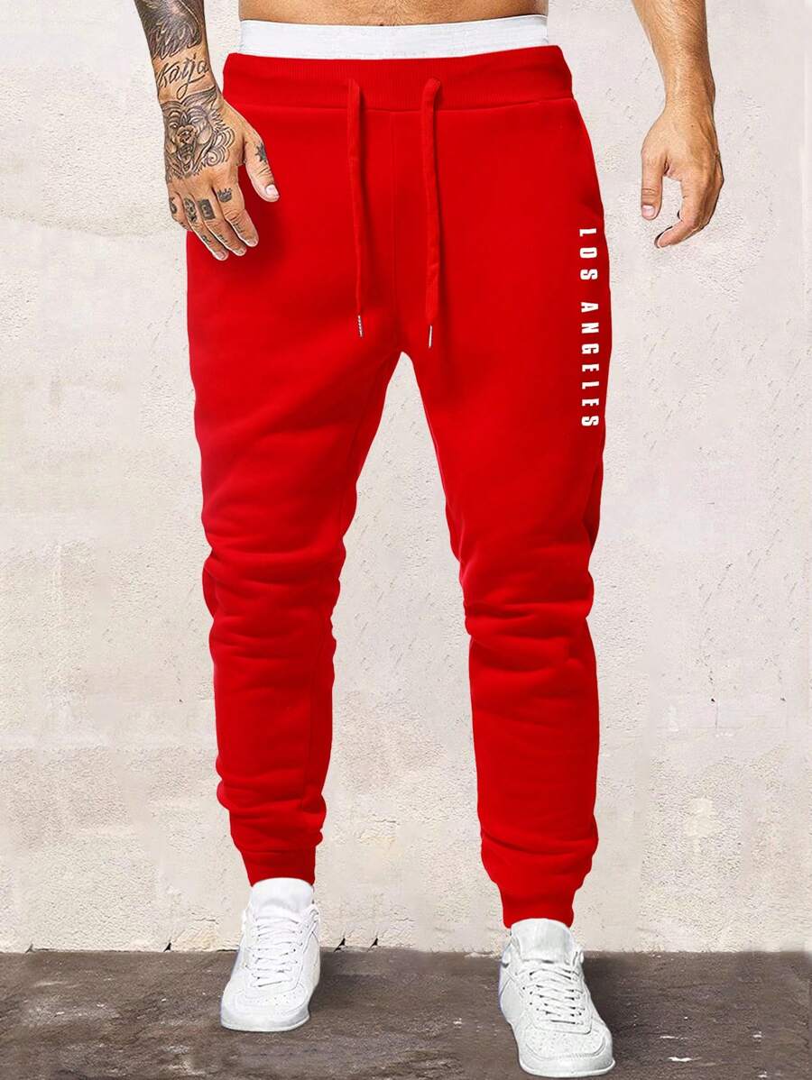 Manfinity Roughcore 男式字母图案抽绳腰运动裤，男式红色慢跑裤，男式红色运动裤，男式慢跑裤，男式运动裤 - 紅色 - 查看 1