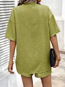 SHEIN LUNE 女士夏季纯色落肩和服开衫和系腰带短裤休闲 2 件套 - 芥末黃 - 查看 2