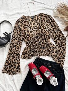 Soleia Women's Vacation Leopard Print Button-Front Tie-Bow Ruffle Hem Flare Sleeve Blouse, Fall Women Clothes,Halloween Customs Women,Concert/Thanksgiving Outfits