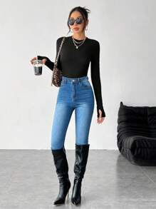 SHEIN PETITE Half Turtleneck, Small Turtleneck, High Elastic Knitted Thermal Lined Composite Velvet Long-Sleeved Women's T-Shirt, Suitable For Keeping Warm In Autumn And Winter.
