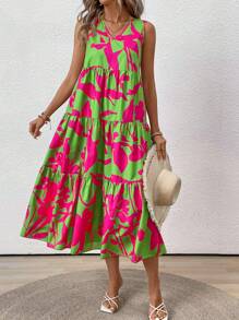 Breezaya 夏季轻奢风甜美无袖印花连衣裙超长度假海滩装女装 - 彩色 - 查看 7