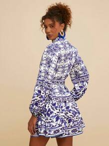 Travachic Blue & White Flower Printed With Long Sleeves Women's  Dress,Fall Women Dresses,Fall Women Clothes,Long Sleeve, - Blue and White - View 2