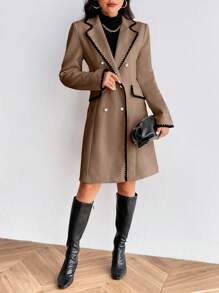 SHEIN Privé Damă, toamnă-iarnă, cu ornamente florale, guler cu rever, cu mânecă lungă, haină elegantă pentru navetă - cafea maro - Vizualizare 5