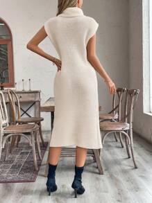 Chiquease Stylish Turtleneck Flared Sleeve High Slit Loose Casual Dress, Autumn Winter, European And American Style - Beige - View 2