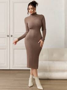 Modelyn Women's Solid Color Turtleneck Long Sleeve Side Split Hem Elegant Knitted Sweater Dress, Autumn/Winter Fall Cloth For Women - Coffee Brown - View 6