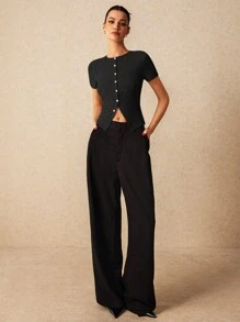 Poéselle 秋季修身不对称罗纹短袖女式 T 恤，带开衩下摆设计，短袖衬衫，圆领，紧身短袖衬衫，T 恤，秋季女式上衣，万圣节衬衫，外出服装