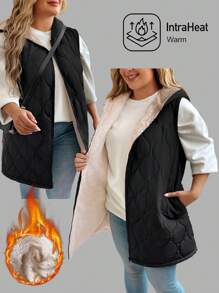 SHEIN LUNE 绗缝双面连帽背心，带口袋，大码冬装 - 黑色 - 查看 1