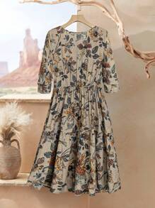 EMERY ROSE Plus Size Long Fall Dress Women Floral Print Round Neck Short Sleeve Loose Casual Dress, Fall Women Clothes