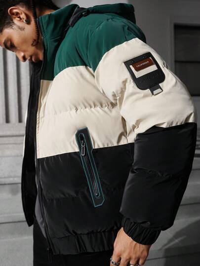 Manfinity Hypemode Men's Contrast Color Zipper Hooded Long Sleeve Padded Coat, Going Out Street Wear Color Block Quilted Winter Coat, For Friends, Husband, Boyfriend Gifts, Men Winter Jacket, Men Streetwear Jacket, Men Outerwear, Men Color Block Jacket