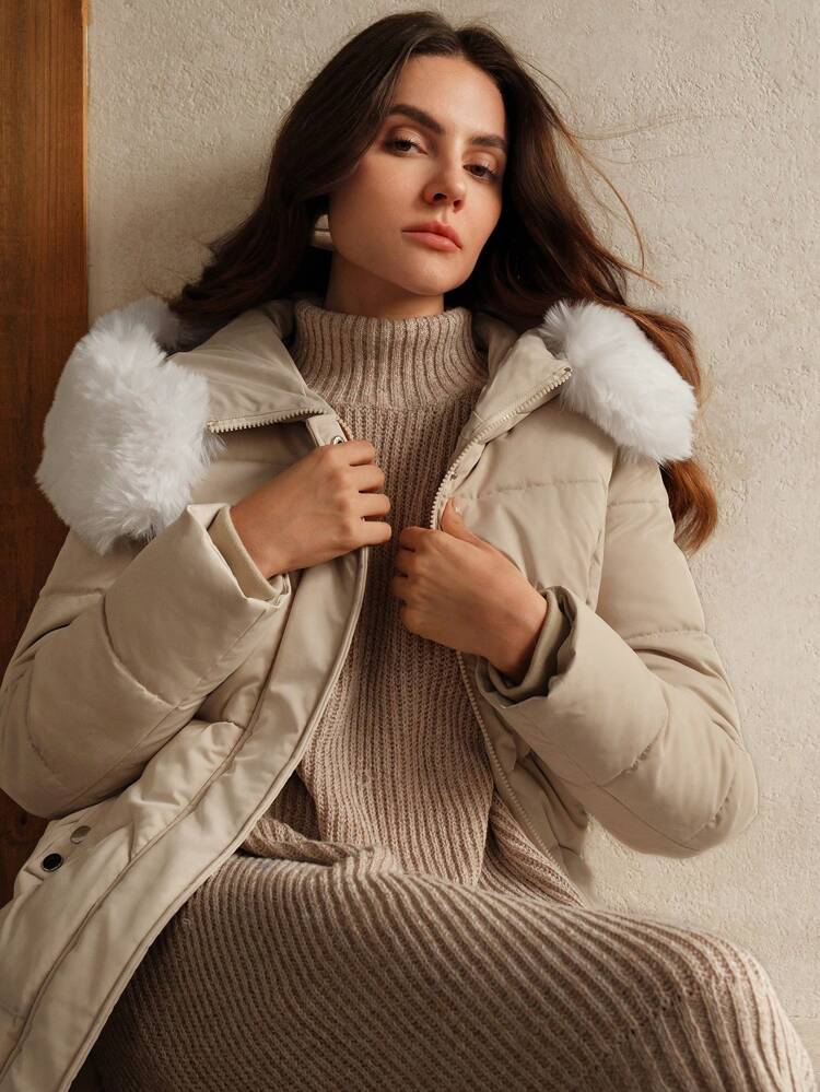 Women's Elegant Solid Color Long  Coat With Fur Collar