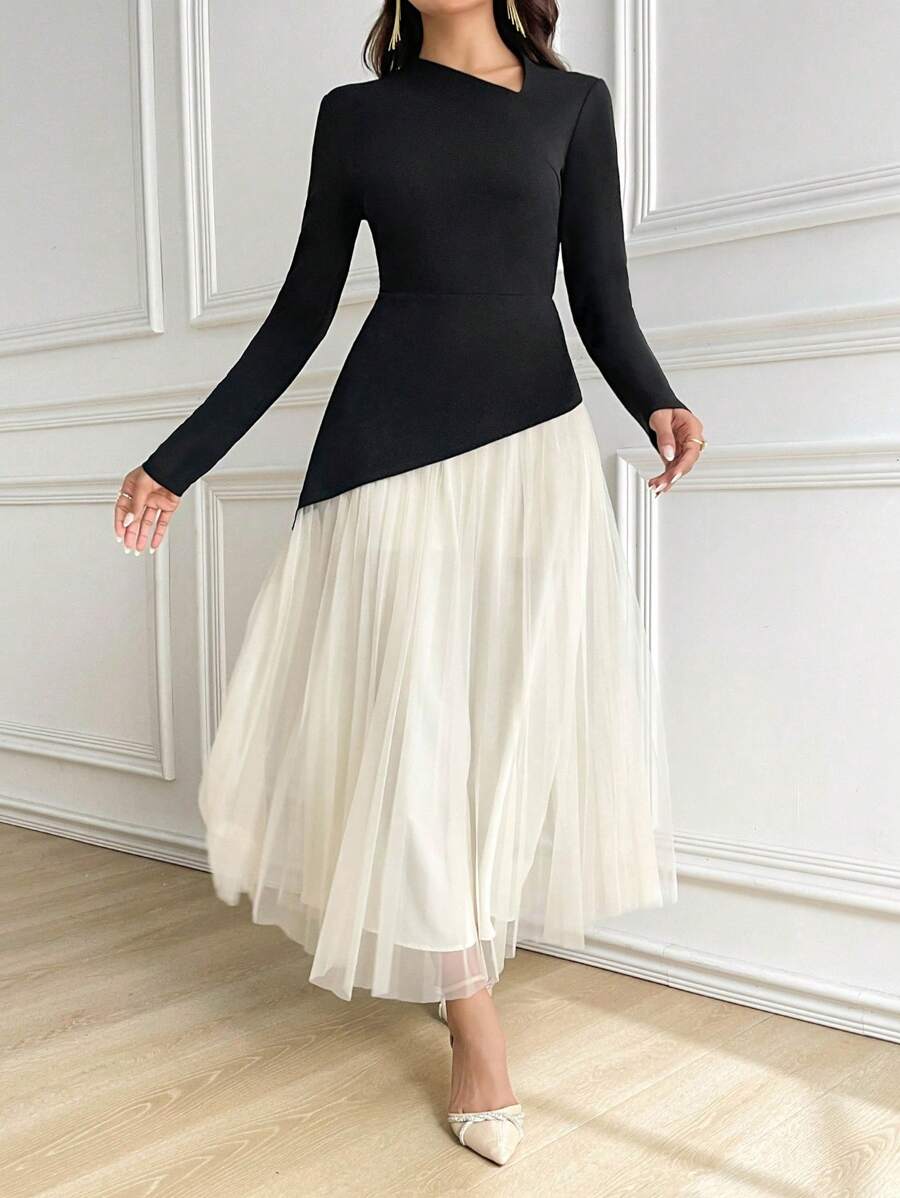 Modelyn Women's Asymmetric Neckline Long Sleeve Color Block Arabian Modest Dress Long Evening Dresses