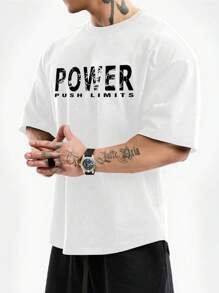 Manfinity Fitness Boyfriend Style Men's Round Neck Short Sleeve Letter Print Casual Sports T-Shirt Workout Tops Gym Top Breathable