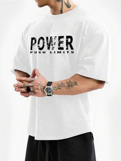 Manfinity Sport Corelite 男友风男士圆领短袖字母印花休闲运动T恤健身上衣透气