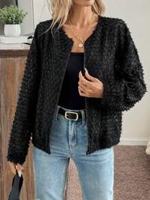 SHEIN LUNE Textured Cut-Out Pattern Casual Commute Fluffy Jacket For Women, Autumn/Winter Fall Clothes Women Holiday Outfits Business Casual Women Office Wear Women Business Casual Woman - Black - View 3