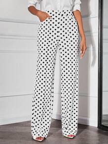 SHEIN SXY Pantalones rectos elegantes con estampado de lunares negros y blancos para mujeres - Blanco y Negro - Ver 7