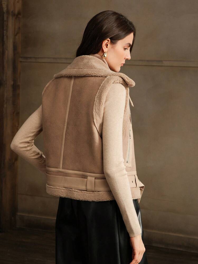 女性用 モダン マイヤード調 袖なしウィンターベスト ファー襟付き ベルト付き