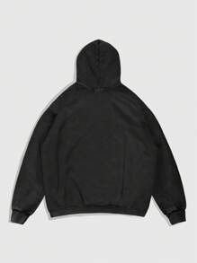 ROMWE MEN Street Life 男士字母印花长袖休闲宽松保暖内衬连帽运动衫秋冬季 - 黑色 - 查看 2