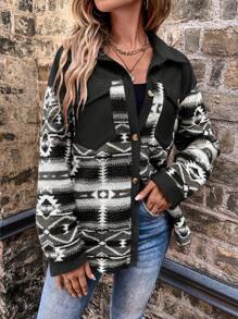 SHEIN LUNE 女式秋冬几何印花落肩长袖休闲夹克