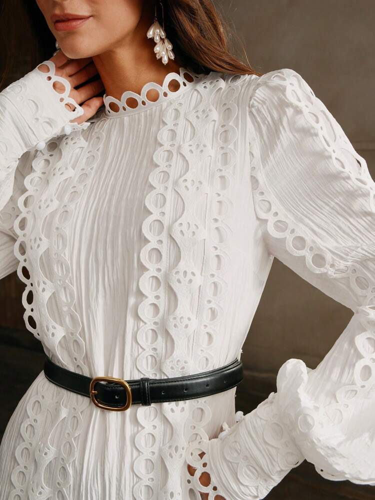 Romantic Elegant Lace Chiffon Lantern Sleeve High Collar Ruffle Waist Slim Fit Long Dress For Women