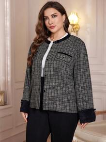 Lacomfia 大码纯色撞色贴片前扣休闲长袖夹克，优雅粗花呢外套，适合晚会/婚礼嘉宾/周年纪念