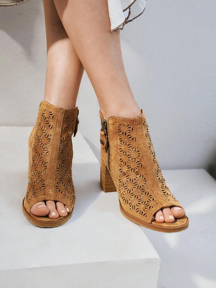 Styleloop 女式波西米亚风露趾高跟凉鞋秋季 - 杏色 - 查看 8