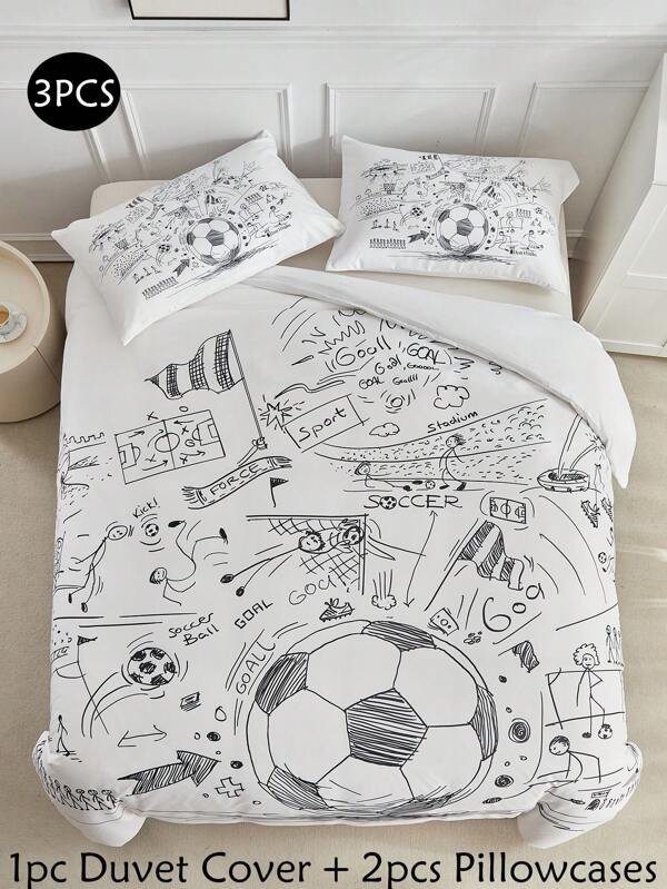 3pcs Graffiti Football Match Pattern Digital Print Bedding Set, Cute Campus Style Bedding Set Suitable For Students And Teenagers Back To School Season, All Season, Soft And Breathable, Machine Washable (1 Duvet Cover + 2 Pillowcases)