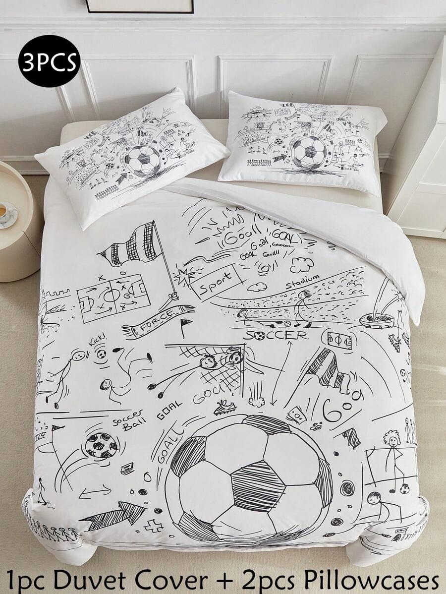 3pcs Graffiti Football Match Pattern Digital Print Bedding Set, Cute Campus Style Bedding Set Suitable For Students And Teenagers Back To School Season, All Season, Soft And Breathable, Machine Washable (1 Duvet Cover + 2 Pillowcases) - Black and White - View 1