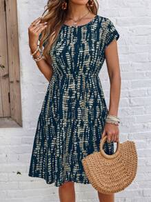 EMERY ROSE Women Tie-Dye Print Batwing Sleeve Ruffle Trim Casual Vacation Dress