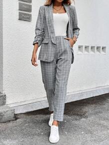 SHEIN LUNE Bộ đồ vest và quần dài kẻ caro cổ vuông thường ngày dành cho nữ, phù hợp cho công việc và dạo phố, dành cho nữ vào mùa thu/đông - Đen và trắng - Xem 3