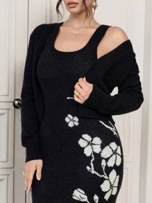 Modelyn 2pcs Women Floral Print Crew Neck Sleeveless Dress & Solid Color Long Sleeve Cardigan Sweater Set