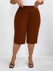 Plus Size Women Solid Color Elastic Waist Button Decor Pockets Casual Pants - Rust Brown - View 3