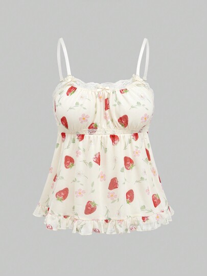 Kawaii Strawberry Print Ruffle Hem Babydoll Cami Top For Summer, School