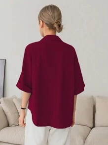 DAZY Summer Casual Loose Fit Solid Color Oversized Shirt - Burgundy - View 2