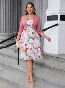 SHEIN Clasi 大码 3/4 袖 2 合 1 束腰印花连衣裙 - 藕粉色 - 查看 5