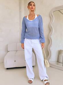 Forever 21 V-Neck Casual Blue Sweater, Spring Autumn - Blue - View 4