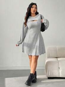 SHEIN EZwear 大码黑色罗纹连帽运动衫连衣裙休闲两件套服装，初秋 - 淺灰色 - 查看 3