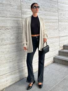 SHEIN Women Solid Color Textured Knit Open Front Pocket Detailed Long Cardigan