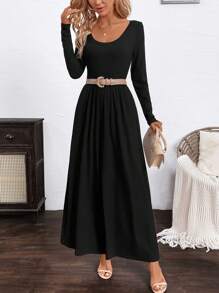 SHEIN Clasi Macacão Casual Feminino de Manga Longa Preta com Perna Larga e Decote em U, Confortável e Versátil, Outono - Cinza - Visão 4
