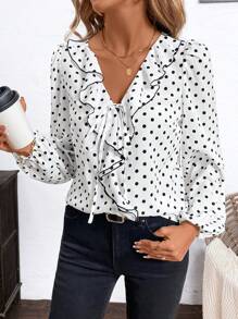 SHEIN Clasi Blusa elegante con cuello de volantes de contraste negro, manga farol y lunares para mujeres