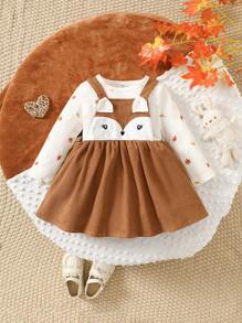 2pcs Baby Girl Round Neck Long Sleeve Allover Print Top And Loose Strap Dress Casual Set, Fall Clothes - Brown - View 1