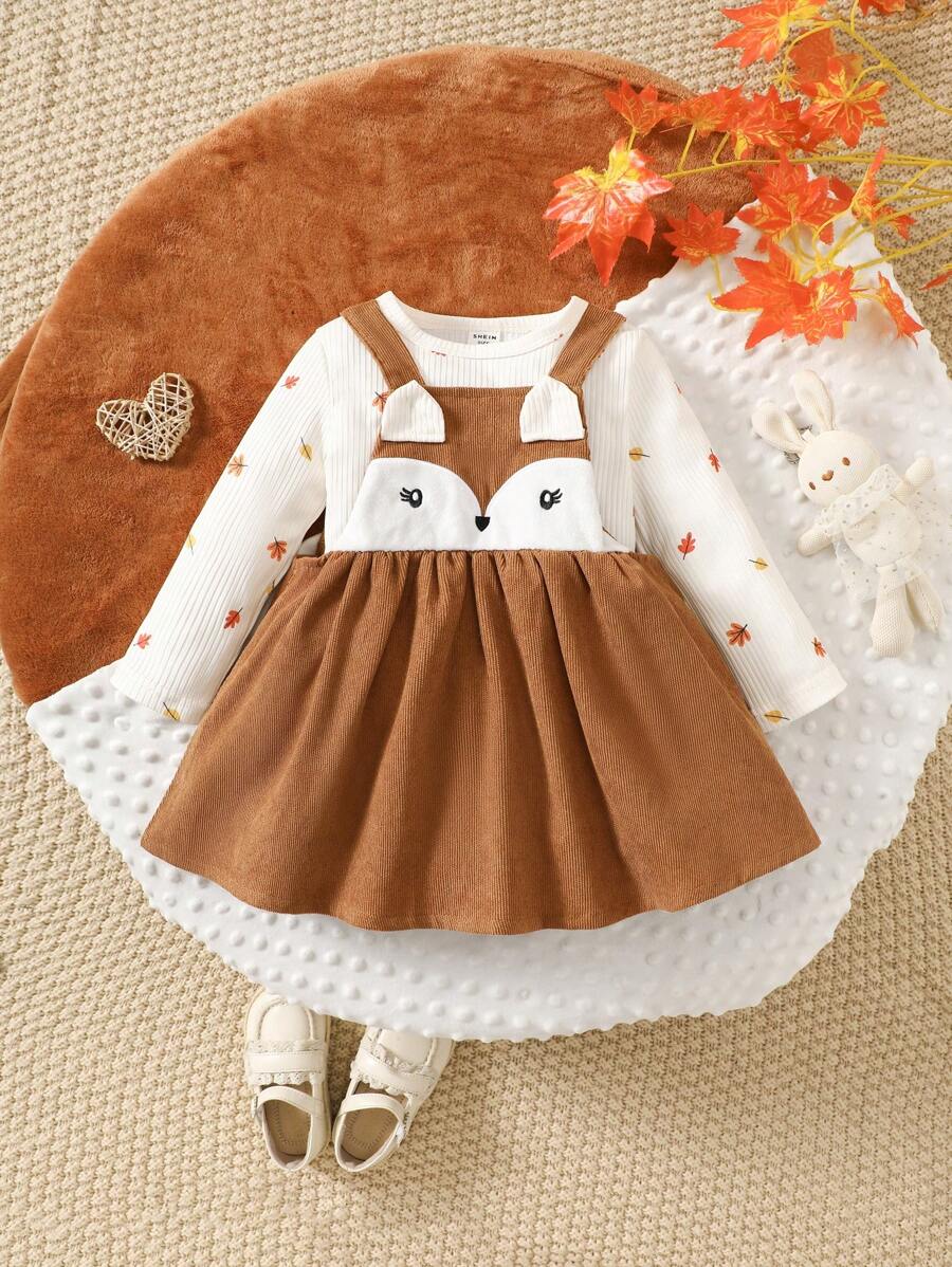 2pcs Baby Girl Round Neck Long Sleeve Allover Print Top And Loose Strap Dress Casual Set, Fall Clothes - Brown - View 1